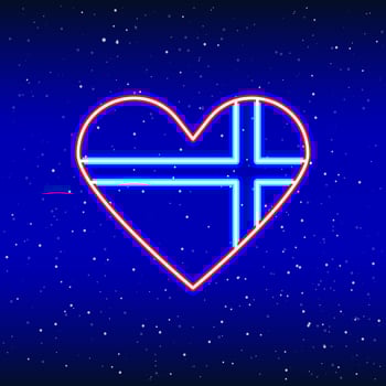 Gift wrap from neon heart. Backlit planet neon sign. Retro red neon heart sign. Romantic design for Happy Valentine's Day. Night light advertisement. Vector industry.