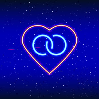 Rings inside neon heart. Backlit planet neon sign. Retro red neon heart sign. Romantic design for Happy Valentine's Day. Night light advertisement. Vector industry.