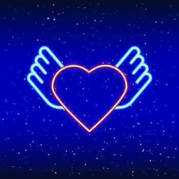 Wings from neon heart. Backlit planet neon sign. Retro red neon heart sign. Romantic design for Happy Valentine's Day. Night light advertisement. Vector industry.