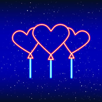 Neon heart balloons. Backlit planet neon sign. Retro red neon heart sign. Romantic design for Happy Valentine's Day. Night light advertisement. Vector industry.