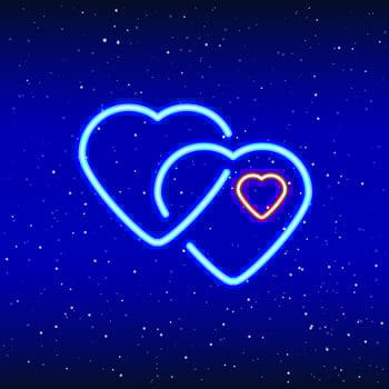Neon intertwining hearts. Backlit planet neon sign. Retro red neon heart sign. Romantic design for Happy Valentine's Day. Night lamp advertising. Vector industry.