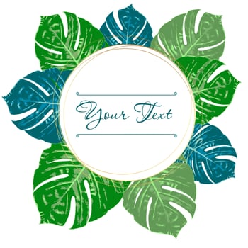 Summer Vibes. Summer green tropical flyer design with tropical flowers and monstera leaves. Frame design. Copy space vector