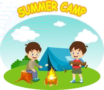 Group of kids roasting marshmallows over the bonfire in summer camp vector