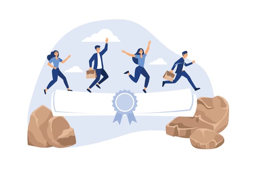 Education or business degree to help career growth, skill or knowledge for opportunity, training or diploma concept, businessman and woman walk on education degree scroll as bridge to cross the gap. vector