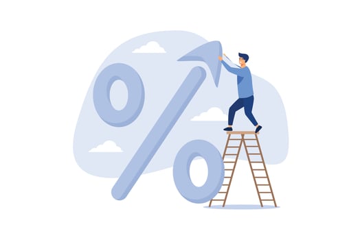 Interest rate, tax or VAT increase, loan and mortgage rate upward trend, investment profit or dividend rising up concept, businessman banker, FED or government put upward arrow on percentage symbol. vector