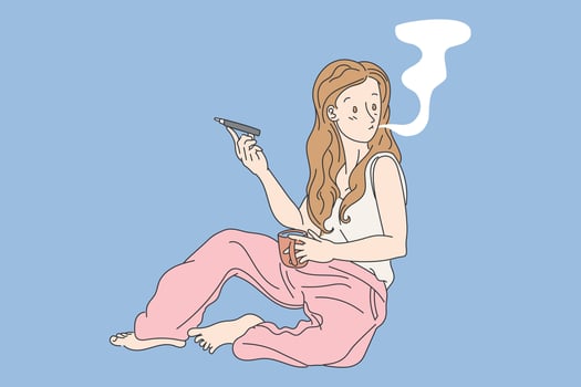 Vape girl cartoon style holding vapor electric  cigarette with activities flat vector illustration