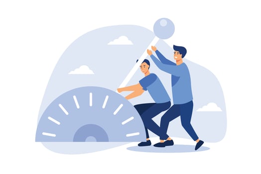 Paradigm shift technology to new business level, control or shifting speed for company growth, transformation and disruption concept, businessman team shifting transmission knob to faster new level. vector