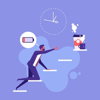 Tired employee crawls up stairs for cup of coffee. Break time, businessman with low battery. Timeout after hard work. Overwork concept. Flat vector illustration