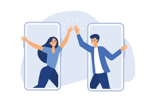 Virtual hi five for success collaboration, remote working or online greeting for business achievement, online video conference concept, happy businessman and businesswoman hi five from mobile phone. vector