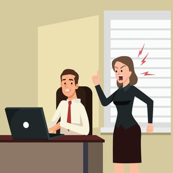 Businesswoman scream agressively at her employee. Angry boss character talking to his employee vector