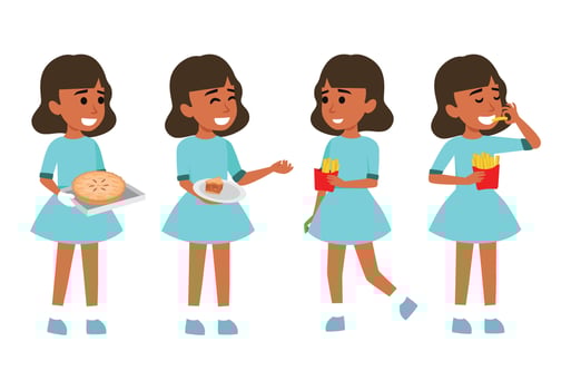 Cute little girl eating french fries and pie flat vector illustration isolated on different layers. with editable vector file