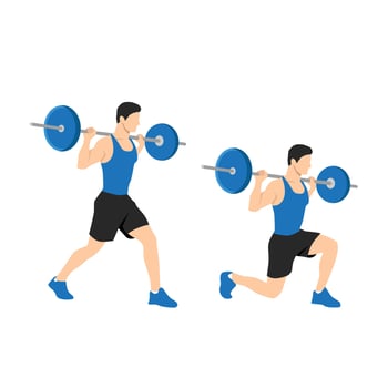 Man doing Barbell lunges exercise. or split squat. Flat vector illustration isolated on white background