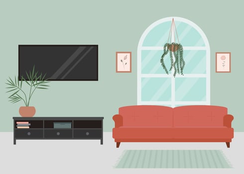 Cozy living room interior, with a large window, sofa, TV and poster painting. vector