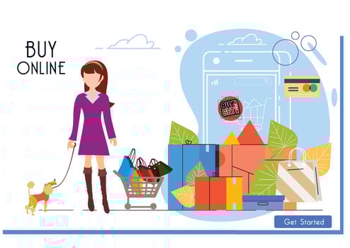 online shopping banner ladies with dog icons vector