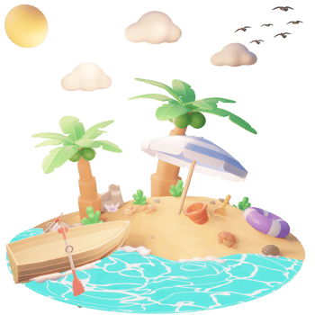 Summer illustration on the beach with tree palm and beach tools 3d illustration png