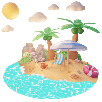 Summer illustration on the beach with tree palm and beach tools 3d illustration png