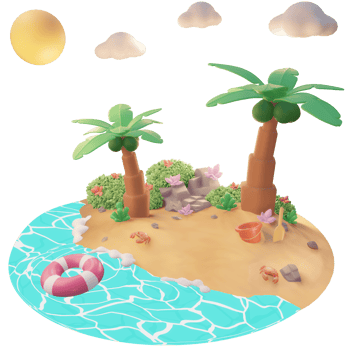 Summer illustration on the beach with tree palm and beach tools 3d illustration png