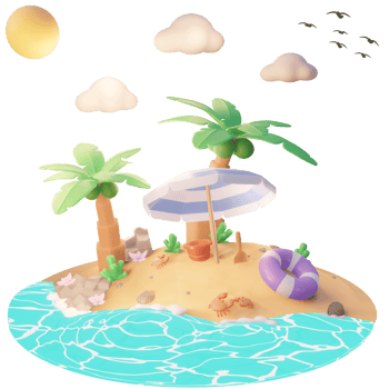 Summer illustration on the beach with tree palm and beach tools 3d illustration png