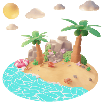 Summer illustration on the beach with tree palm and beach tools 3d illustration png