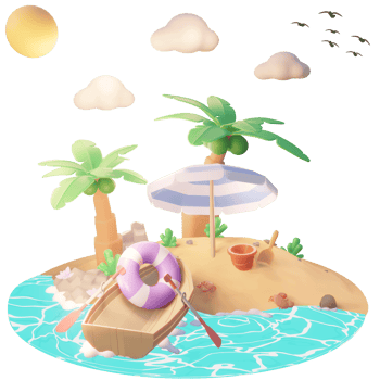 Summer illustration on the beach with tree palm and beach tools 3d illustration png
