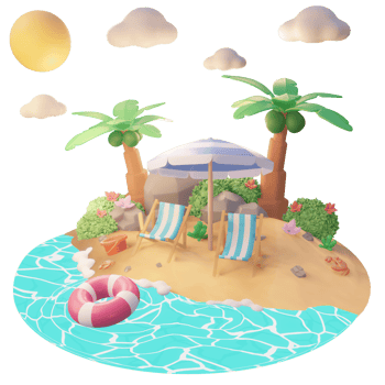 Summer illustration on the beach with tree palm and beach tools 3d illustration png
