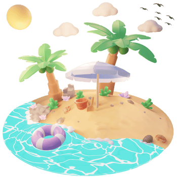 Summer illustration on the beach with tree palm and beach tools 3d illustration png
