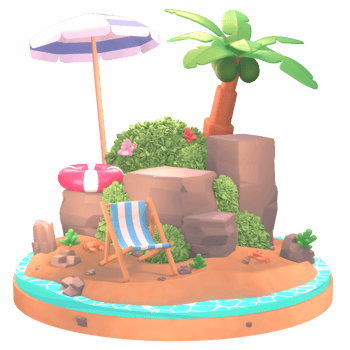 Summer illustration on the beach with tree palm and beach tools 3d illustration png