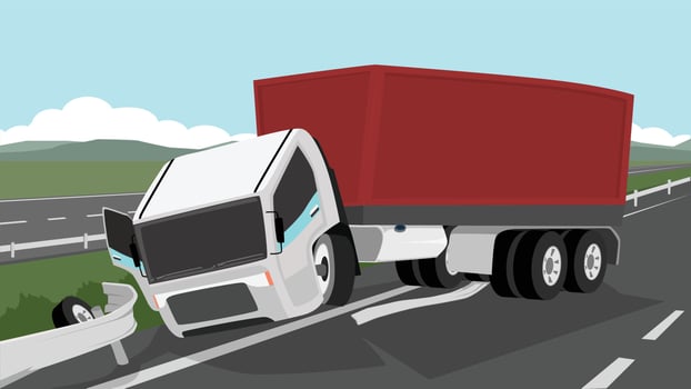 Container truck accident. Head of a car driving on the side of the road. Parked stuck truck on the lawn with damaged barricade. Asphalt road routes across rural areas. Distant mountains under blue sky vector