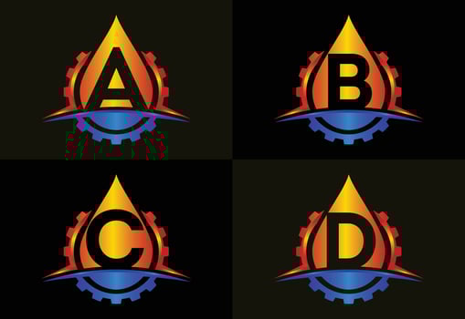 Initial A B C D monogram alphabet with gear swoosh and oil. Oil and gas logo concept. Font emblem vector