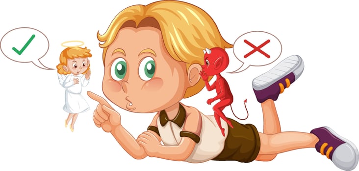 Cartoon character with devil and angel fighting in thought vector