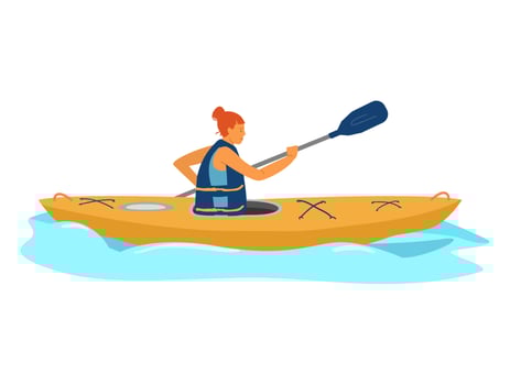 Red hair girl in life jacket with paddle kayaking on the waves. Active lifestyle. Isolated on white. Flat vector illustration.