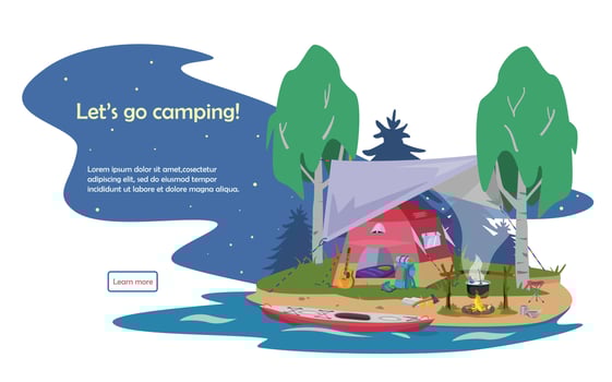 Web banner in flat cartoon style inviting to camping, hiking, kayaking, active recreation, travelling.  Night summer camp with tent under awning, campfire on river coast. vector