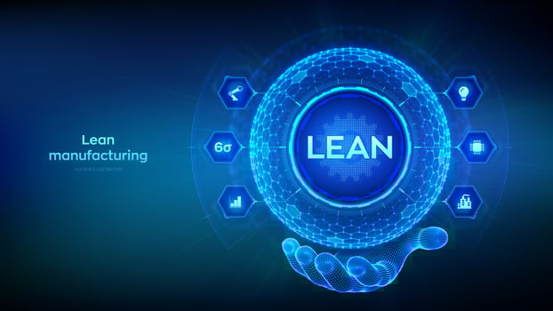 Lean. Six sigma smart industry, quality control, standardization. Lean manufacturing DMAIC. Business and industrial process optimisation concept. Hexagonal grid sphere in wireframe hand. Vector. vector