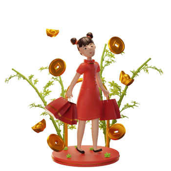 3d Character Illustration Chinese New Year with coin, ingot, bamboo, used for a web app, etc png
