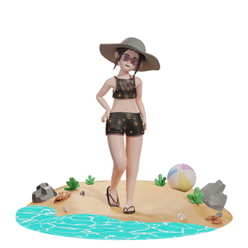 Female in the beach with ball, summer 3d Illustration png