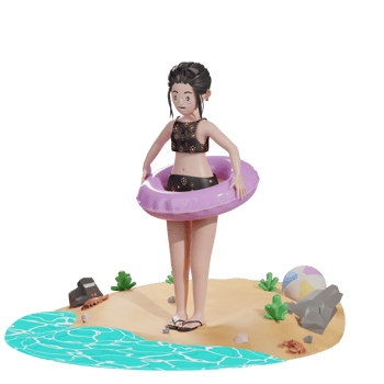 Female with floating balloon, summer 3d Illustration png
