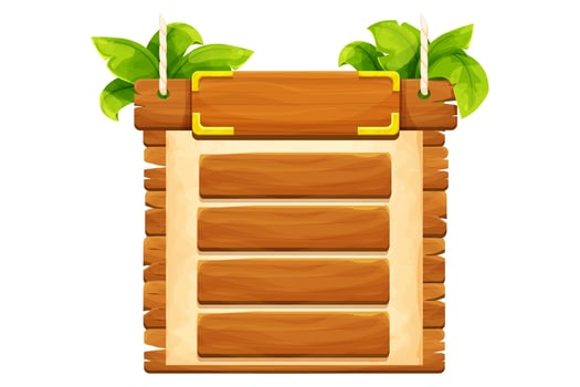 Jungle frame with wooden planks, old paper, rope, decorated plants and leaves in comic cartoon style isolated on white background. Tribal, rural clip art. Ui game asset. Vector illustration