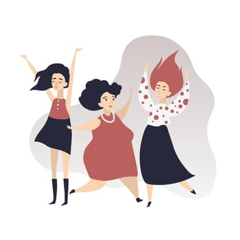 Dancing women. Happy disco dancing friends. Disco dancing graceful ladies. Funny cartoon style vector illustration on white background.