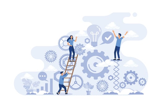 Work operations and teamwork productivity with control tiny person concept. Business project workflow as gear cogwheel mechanism vector illustration. Process automation with effective monitoring.