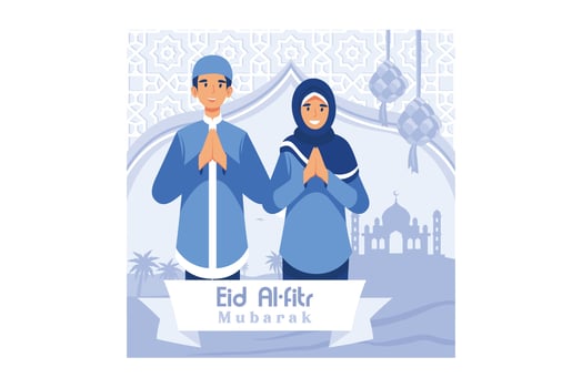 Muslim couple illustration for Eid Mubarak greetings, Happy Eid Al-fitr illustration for banner or website landing page vector
