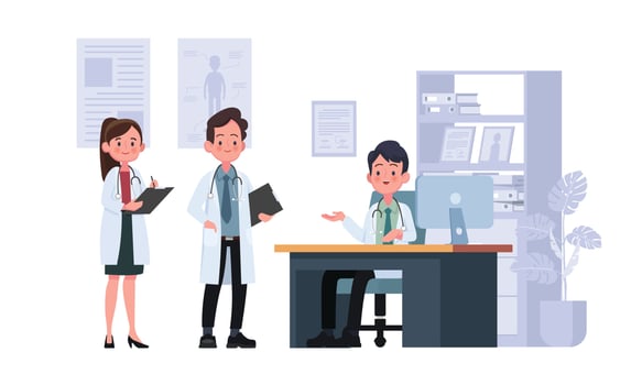 The doctor talks to the doctor at the hospital room. Medical clinic concept. Cartoon flat illustration vector