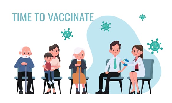 Doctor makes an injection of flu vaccine to men in hospital. Patients are waiting in line. Healthcare, coronavirus, Covid-19, prevention and immunize. vector