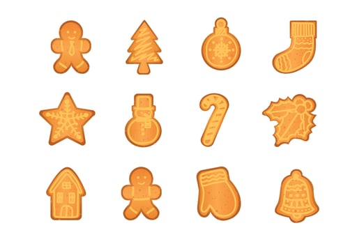 Gingerbread cookies vector cartoon illustration set isolated on white background christmas tree decoration sock snowman ball star man candy house