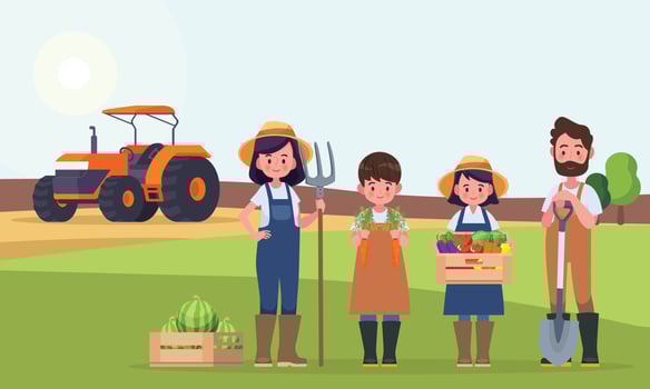 Farmer couple and their children on the background of fields and tractors. Agriculture work. Vector illustration in cartoon style.