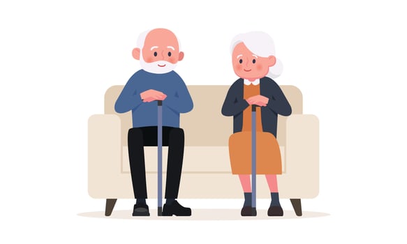 Elderly couple sits in a chair . Vector illustration in cartoon style