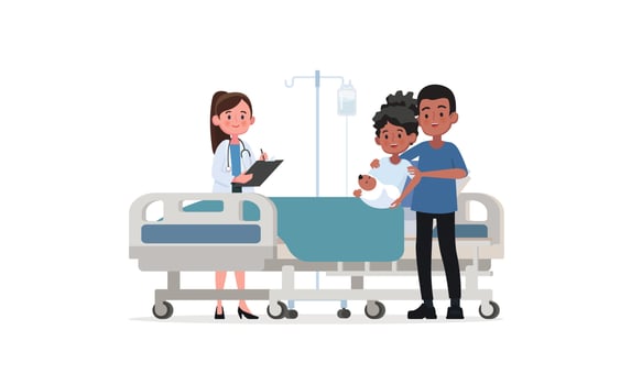 Doctors, parents and newborns in modern obstetric rooms vector
