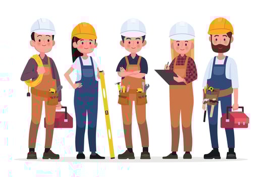 Technicians people group, engineering worker and construction. Industrial engineers workers, builders characters isolated cartoon vector illustration