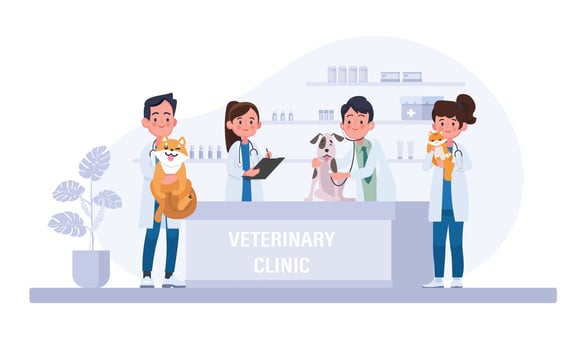 Veterinary clinic, healthcare service or medical center for domestic animals. Flat cartoon colorful vector illustration.