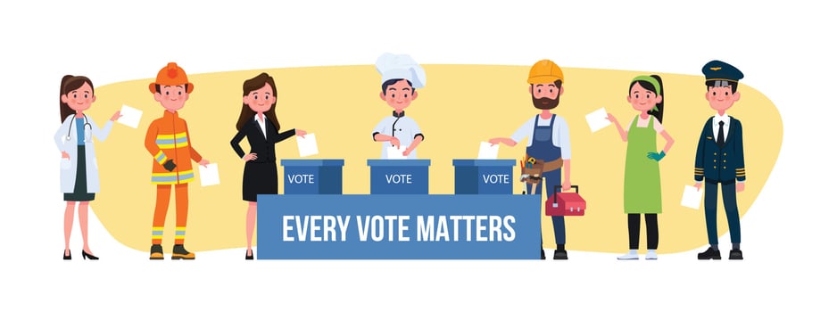 Election Day, Different Occupations Vote at the polling place people putting paper ballot in box vector