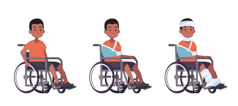 Young man in wheelchairs set, cartoon vector illustration. Injury and disability concept, rehabilitation from accident.